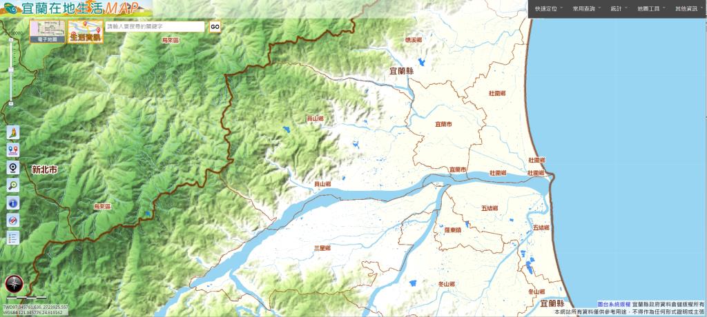 宜蘭在地生活MAP圖台畫面圖：可查詢縣內旅遊景點、地標、各項重大活動地點位置及路線規劃參考輔導工具