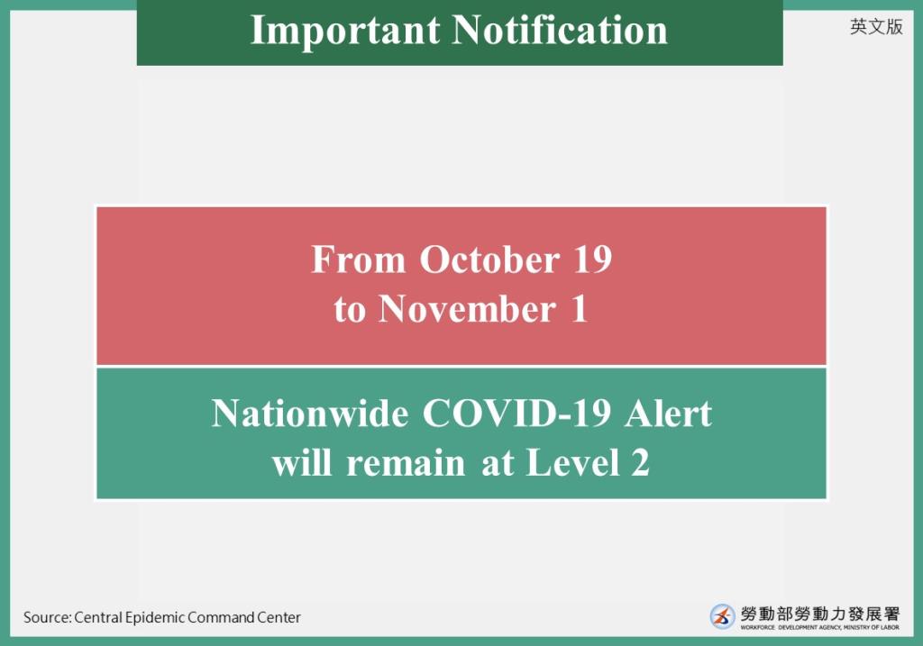 Important Notification: Nationwide COVID-19 Alert will remain at Level 2 From October 19 to November 1
